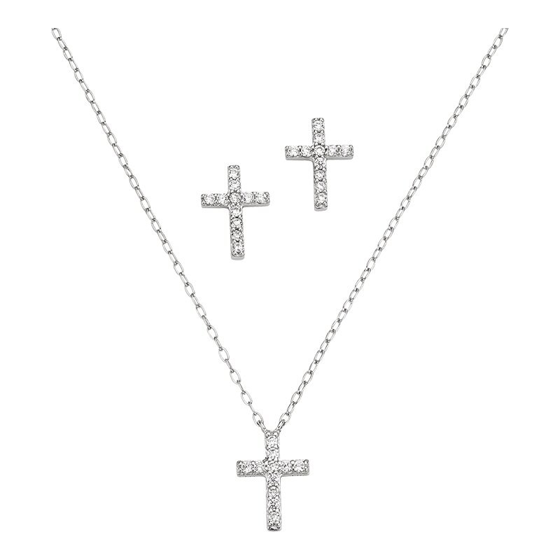 Silbergarnitur Kreuz mit Kette 43 cm und Ohrstecker Zirkoniabesatz