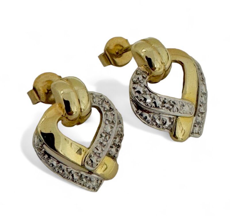 Herz-Ohrstecker 585/- Gelb/-Weißgold mit Diamantbesatz 18 x 14,5 mm
