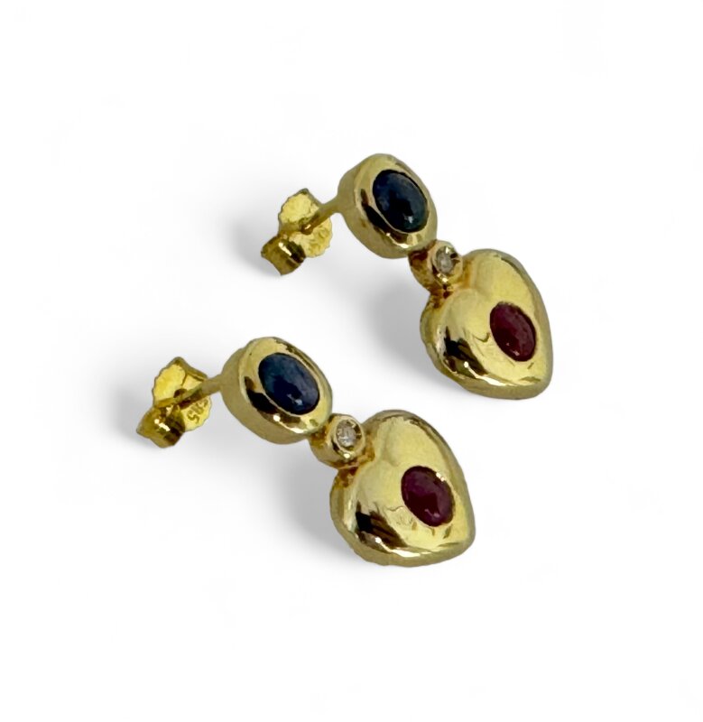 Ohrstecker 585/- Gelbgold mit Herzmotiv Rubin / Saphir / Diamant 19 x 9 mm