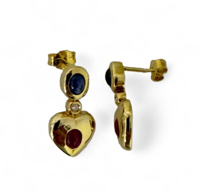 Ohrstecker 585/- Gelbgold mit Herzmotiv Rubin / Saphir / Diamant 19 x 9 mm