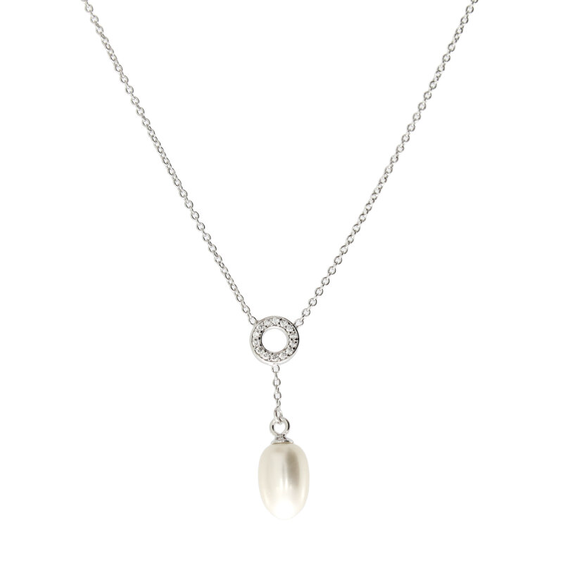 Zwischenteilcollier 925/- Silber rhodiniert mit Zirkonia und Zuchtperle 45 cm