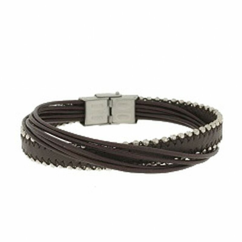 Clochard Fashion Unisex-Armband 20 cm 6 Lederbänder braun Edelstahl Kugelband BA6700/MA