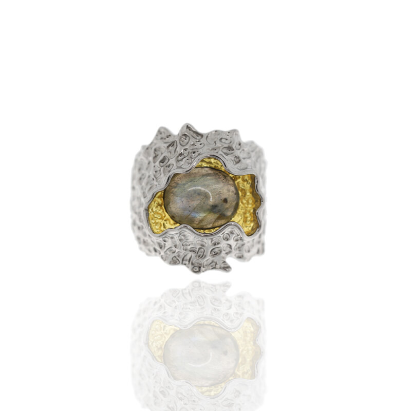 Ring 925/- Silber rhodiniert 18k vergoldet Labradorit Gr. 62