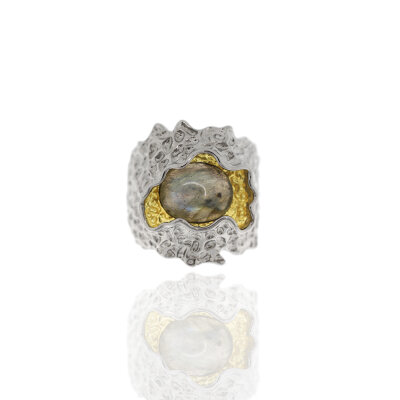 Ring 925/- Silber rhodiniert 18k vergoldet Labradorit Gr. 62