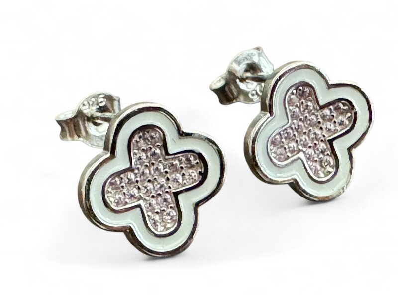 Ohrstecker 925/-Silber rhodiniert Blume,Lack weiß/pink Zirkonia