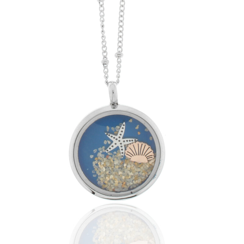 maritime Edelstahlkette mit Anhänger blau, Seestern/Muschel, Sand rosé, 23mm, 41+5cm