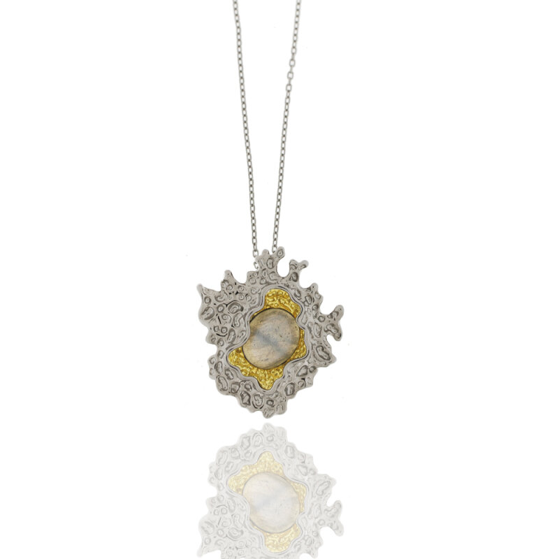Collier 925/- Silber schwarz rhodiniert,18k vergoldet Labradorit 45+5cm