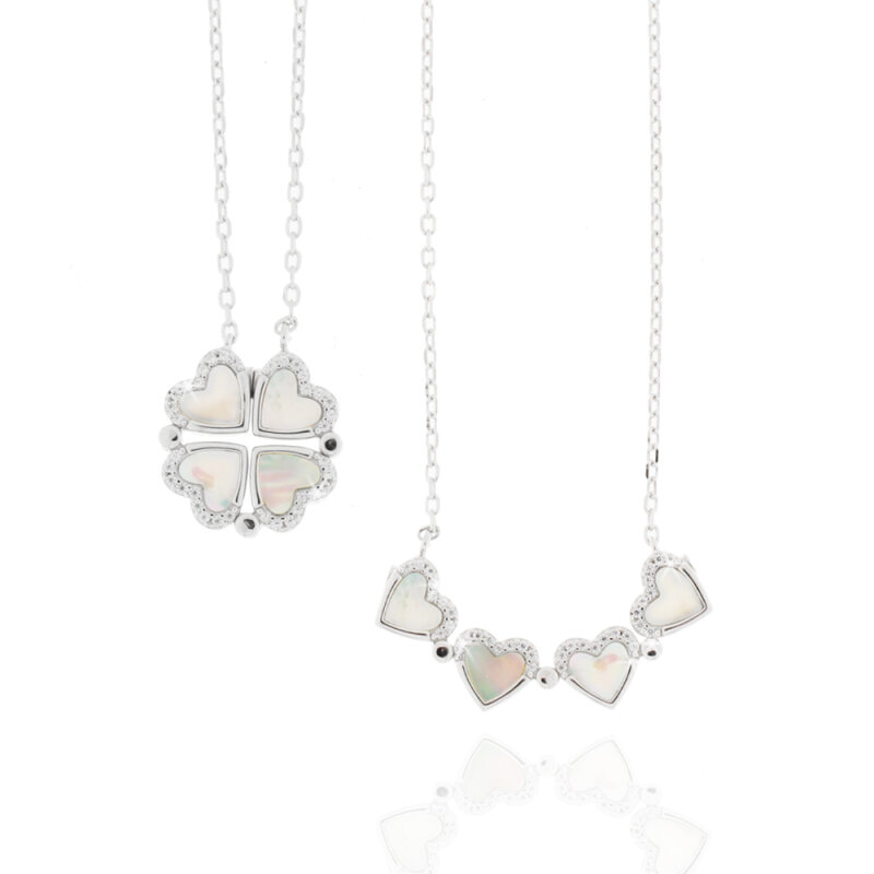 Collier 925/-Silber rhodiniert Perlmutt/Zirkonia Kleeblatt/Herzen,40+5cm