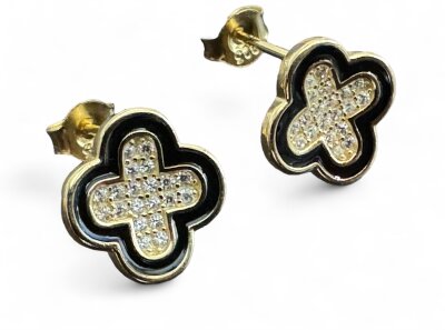 Ohrstecker 925/- Silber 14k vergold. Blume,Lack schwarz,CZ