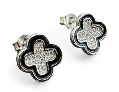 Ohrstecker 925/- Silber rhodiniert Blume,Lack schwarz,CZ