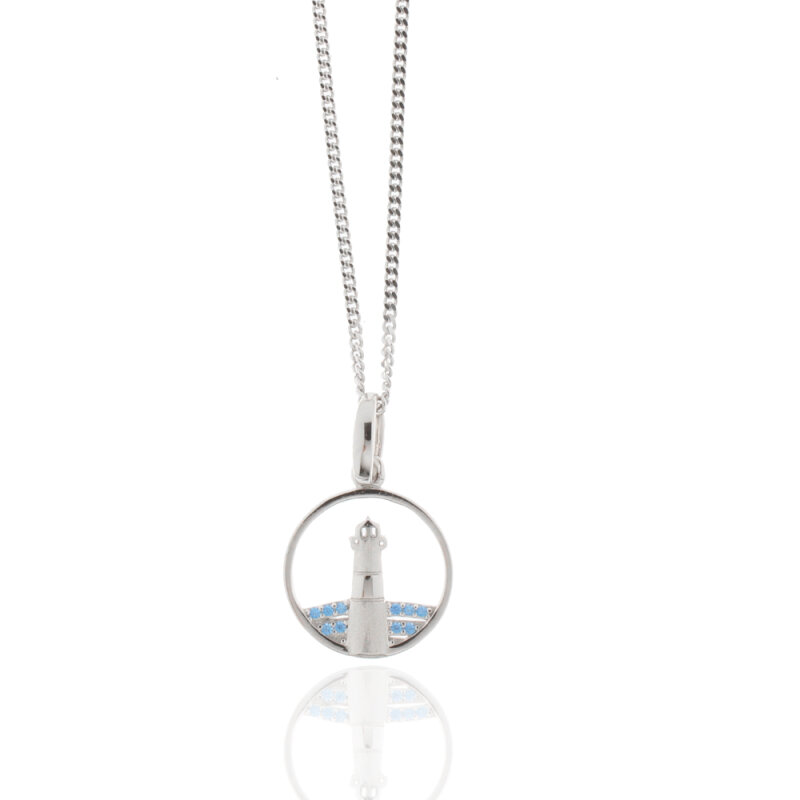 Kette mit Anhänger 925/-Silber rhodiniert Leuchtturm, 15 mm, blaue Zirkonia 45 cm
