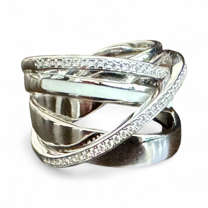 Silberring 925/- rhodiniert Zirkonia / weiße Emaille Gr. 58