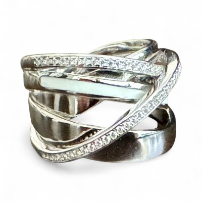 Silberring 925/- rhodiniert Zirkonia / weiße Emaille Gr. 58