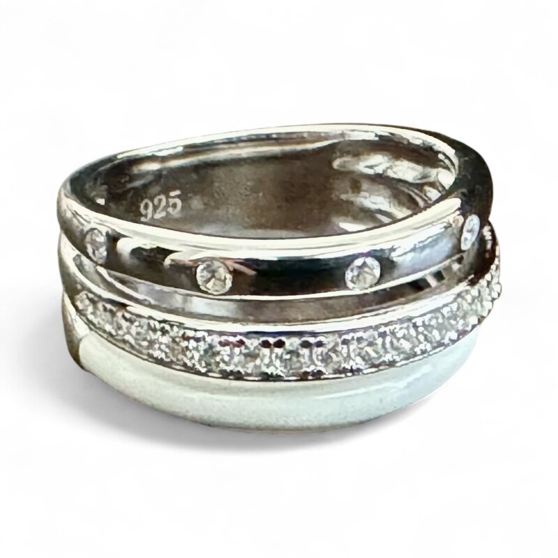 Silberring 925/- rhodiniert Zirkonia / weiße Emaille Gr. 54