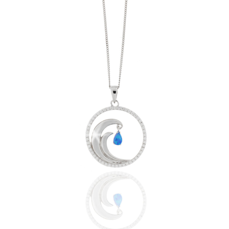 Halskette 925/-Silber rhodiniert Welle mit blauen Opal 24,5 mm 45cm