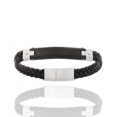 Armband ES,matt,Leder geflochten schwarz,Gravurplatte IP...
