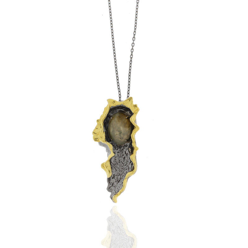 Collier 925/-,schwarz rhod.,18k vergold.,Labradorit,45+5cm