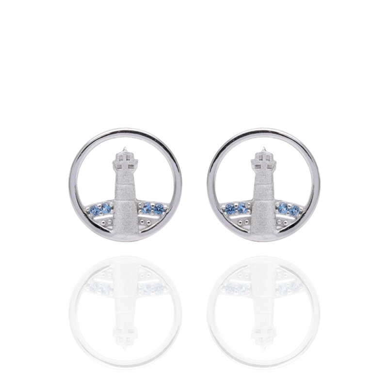 Ohrstecker 925/-,rhod.,poliert/gebürstet,Leuchtturm,Ø10mm, blaue Zirkonia