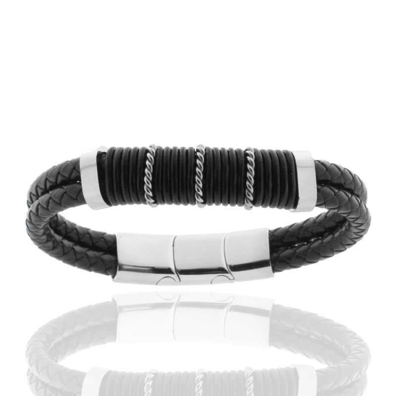 Lederarmband mit Edelstahlelementen geflochten schwarz 19,5 + 1,4 cm