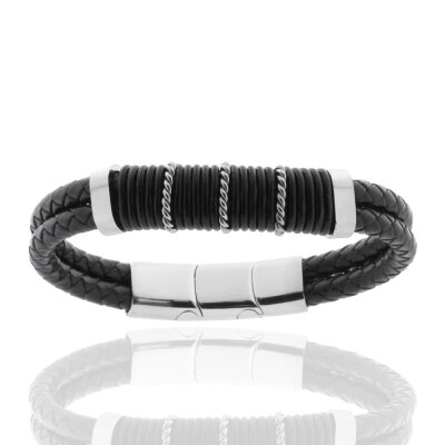 Lederarmband mit Edelstahlelementen geflochten schwarz...