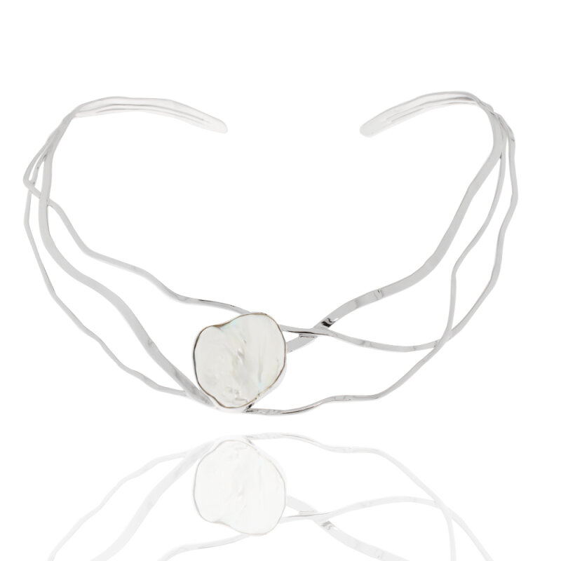 Halsreif, 925/- Silber, rhodiniert, poliert, mehrreihig, Süßwasserperle rund, offen