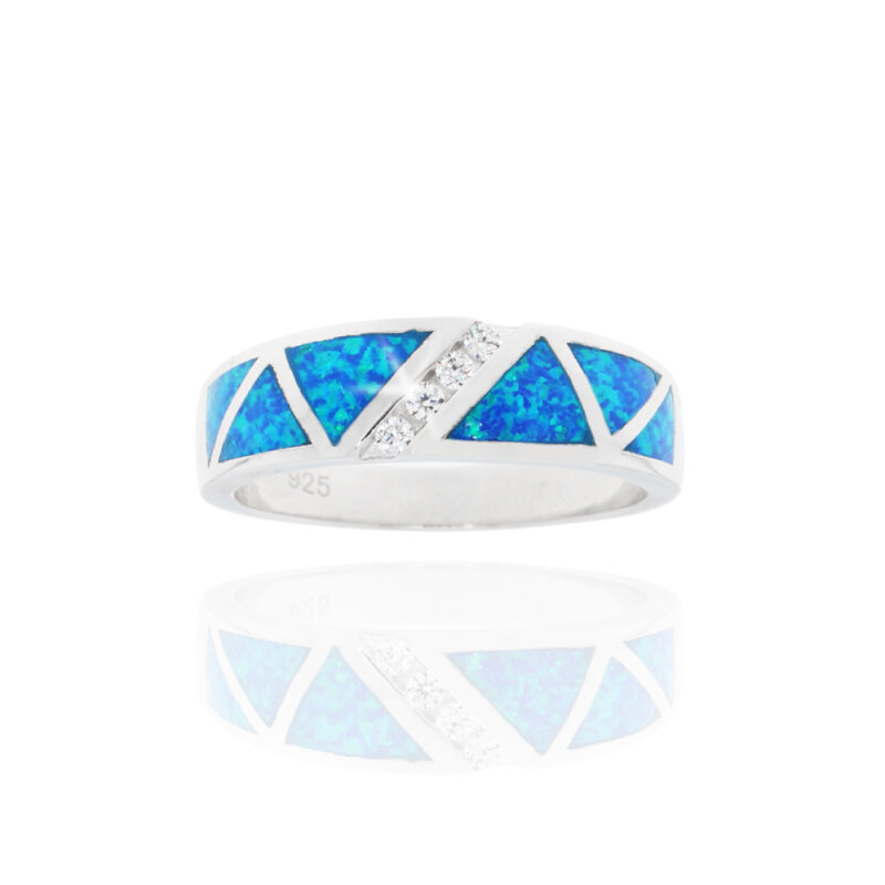 Ring 925/-,rhodiniert,poliert,rek. Opal blau,Zirkonia Gr. 62