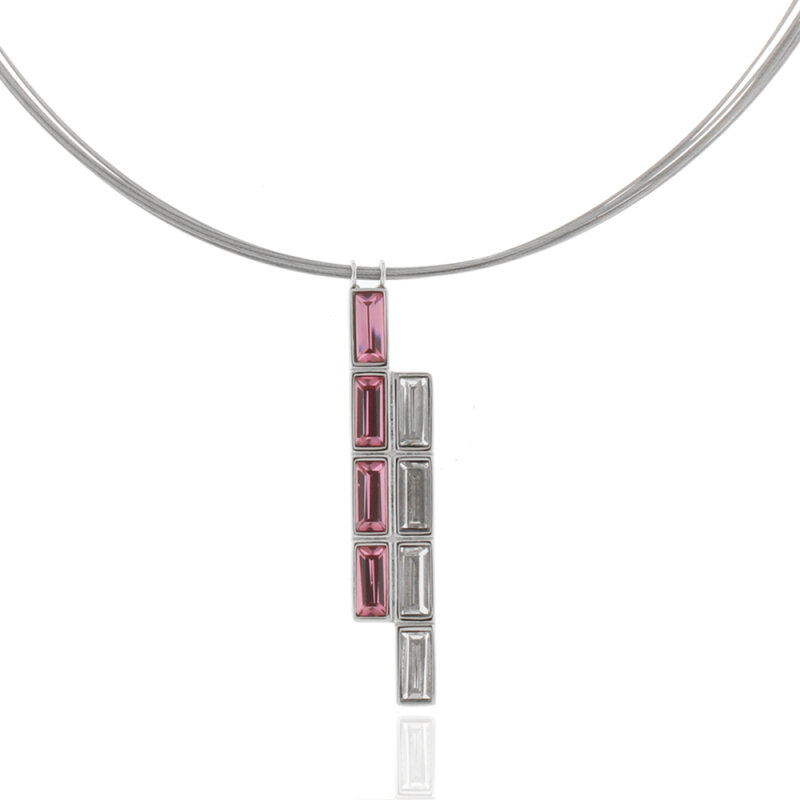 Edelstahl Collier Kristallsteine weiß/rosa, Draht mehrreihig, 42 + 5 cm