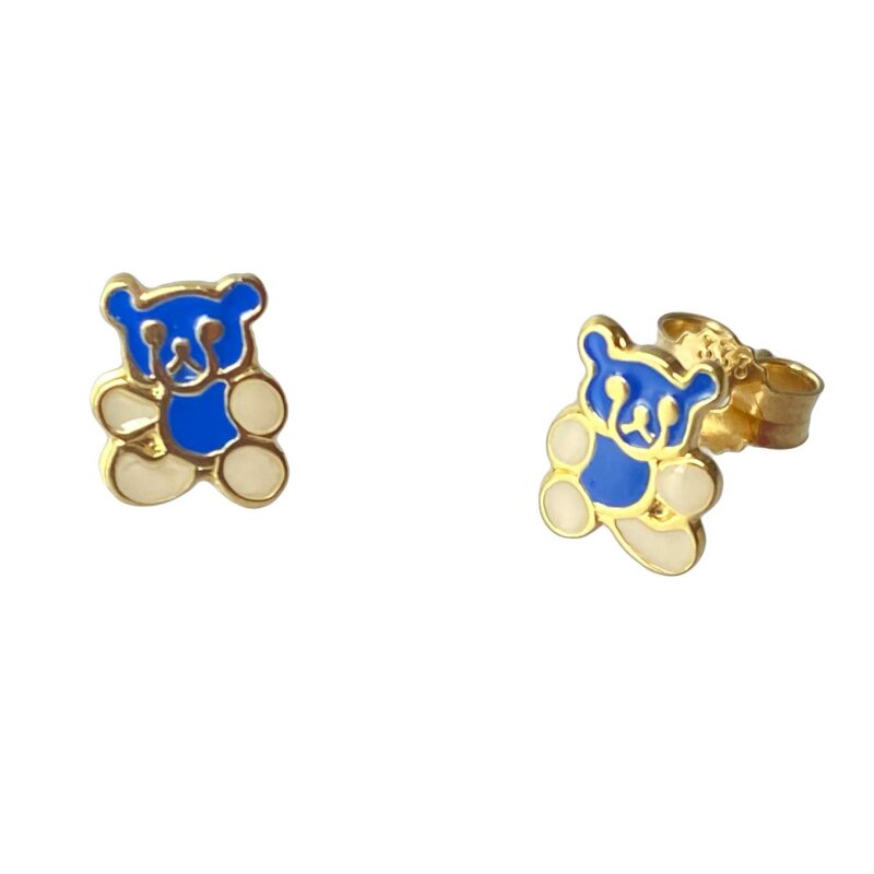 Ohrstecker 333/- Gelbgold Bärchen blau/weiß 7,5 x 6 mm