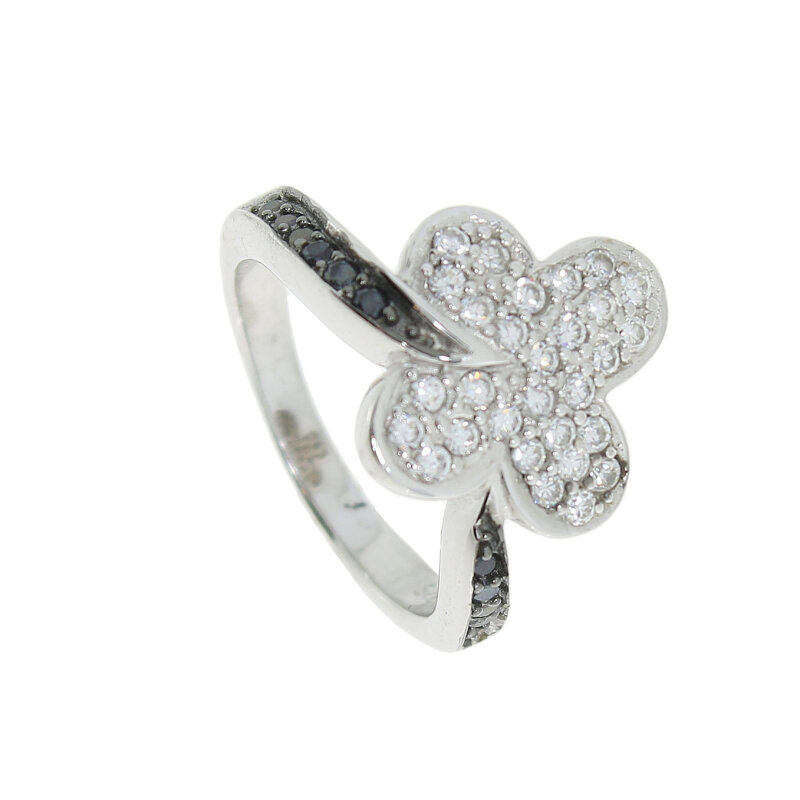 Damenring Silber 925/- mit Zirkonia im Blumenmotiv schwarz / weiß